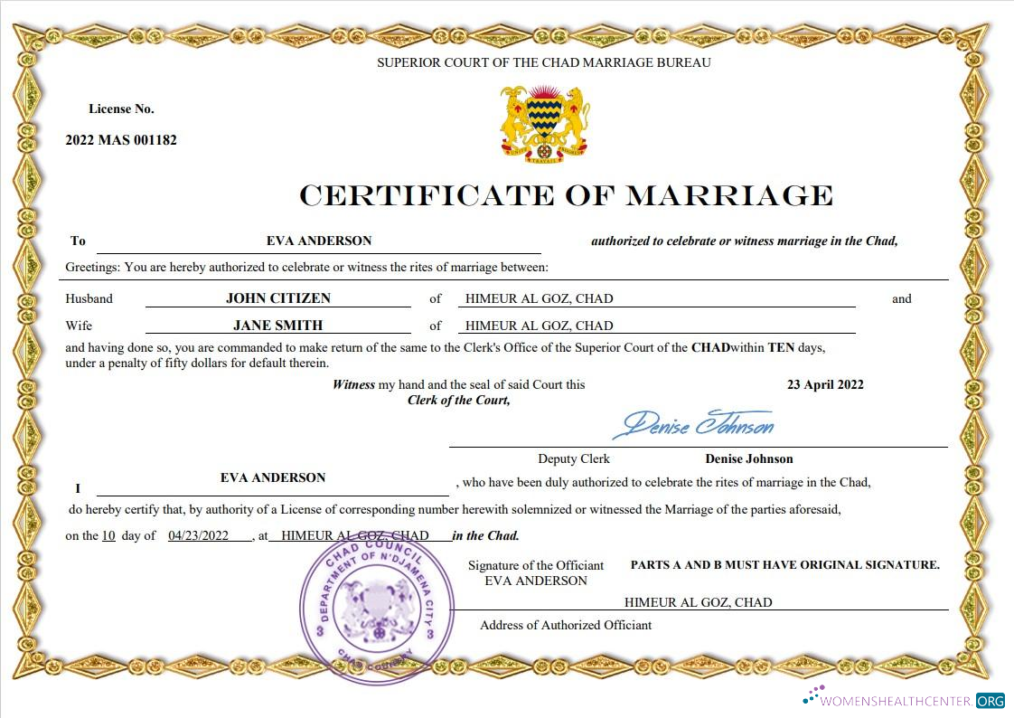Download Chad marriage certificate Word and PDF template Photoshop template